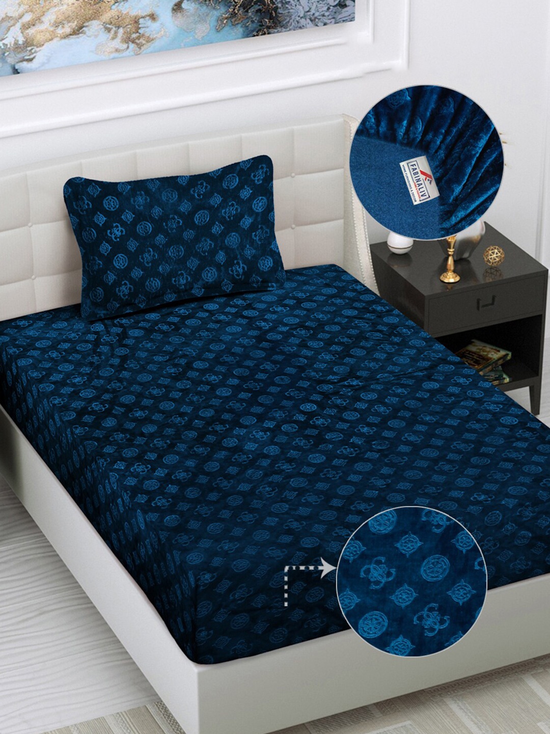 

FABINALIV Navy Blue Geometric 300 TC Single Fitted Bedsheet with Pillow Cover