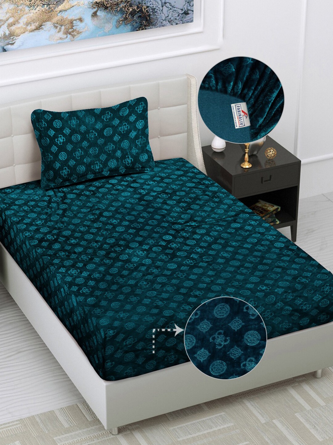 

FABINALIV Turquoise Blue Geometric 300 TC Single Fitted Bedsheet with Pillow Cover