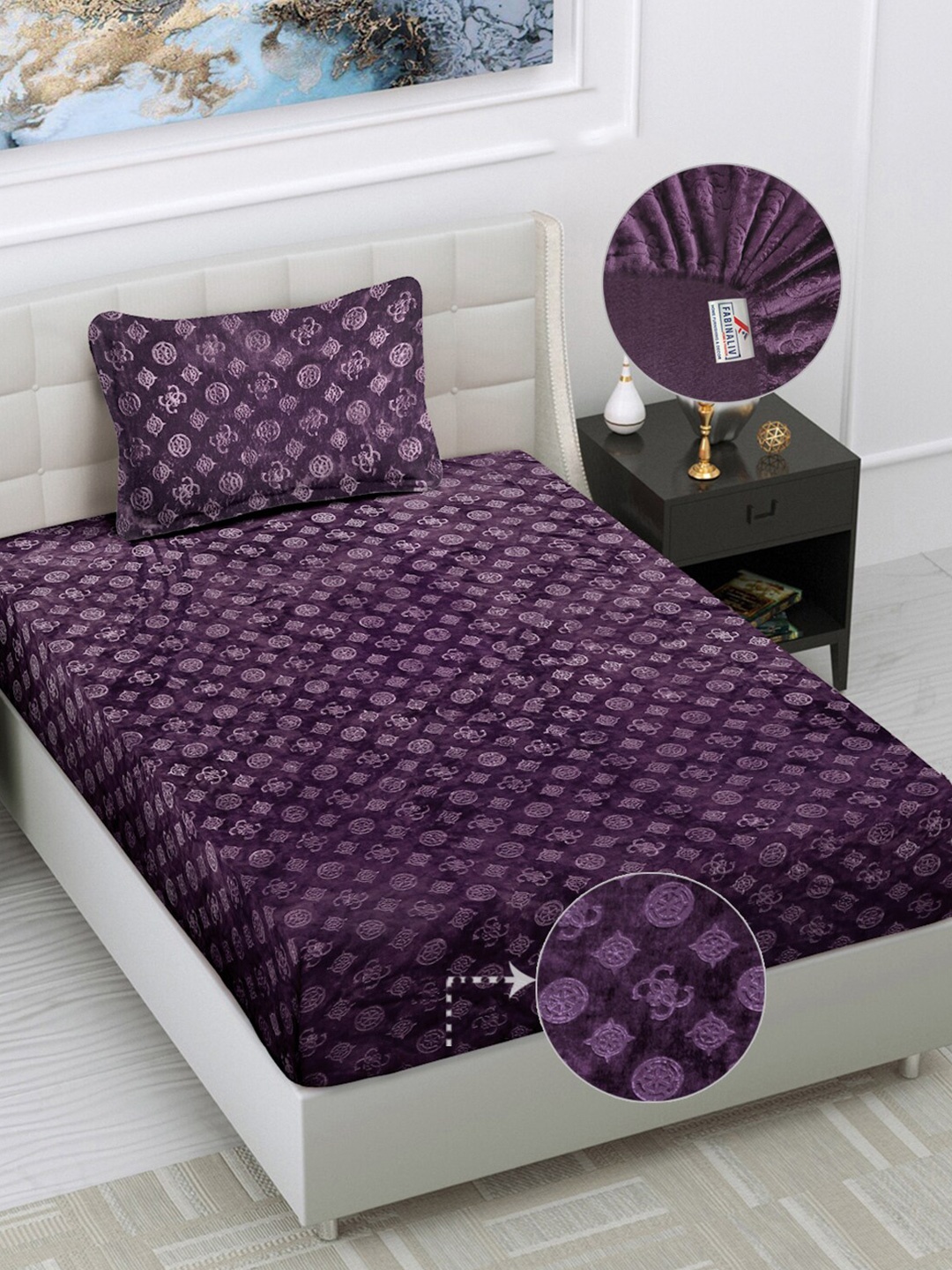 

FABINALIV Purple Geometric 300 TC Single Fitted Bedsheet with Pillow Cover