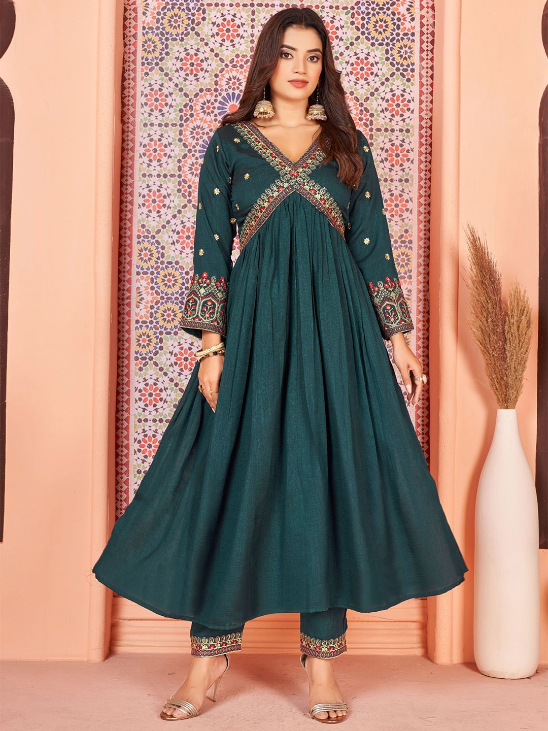KALINI Floral Embroidered Anarkali Empire Kurta with Trousers & Dupatta, Green