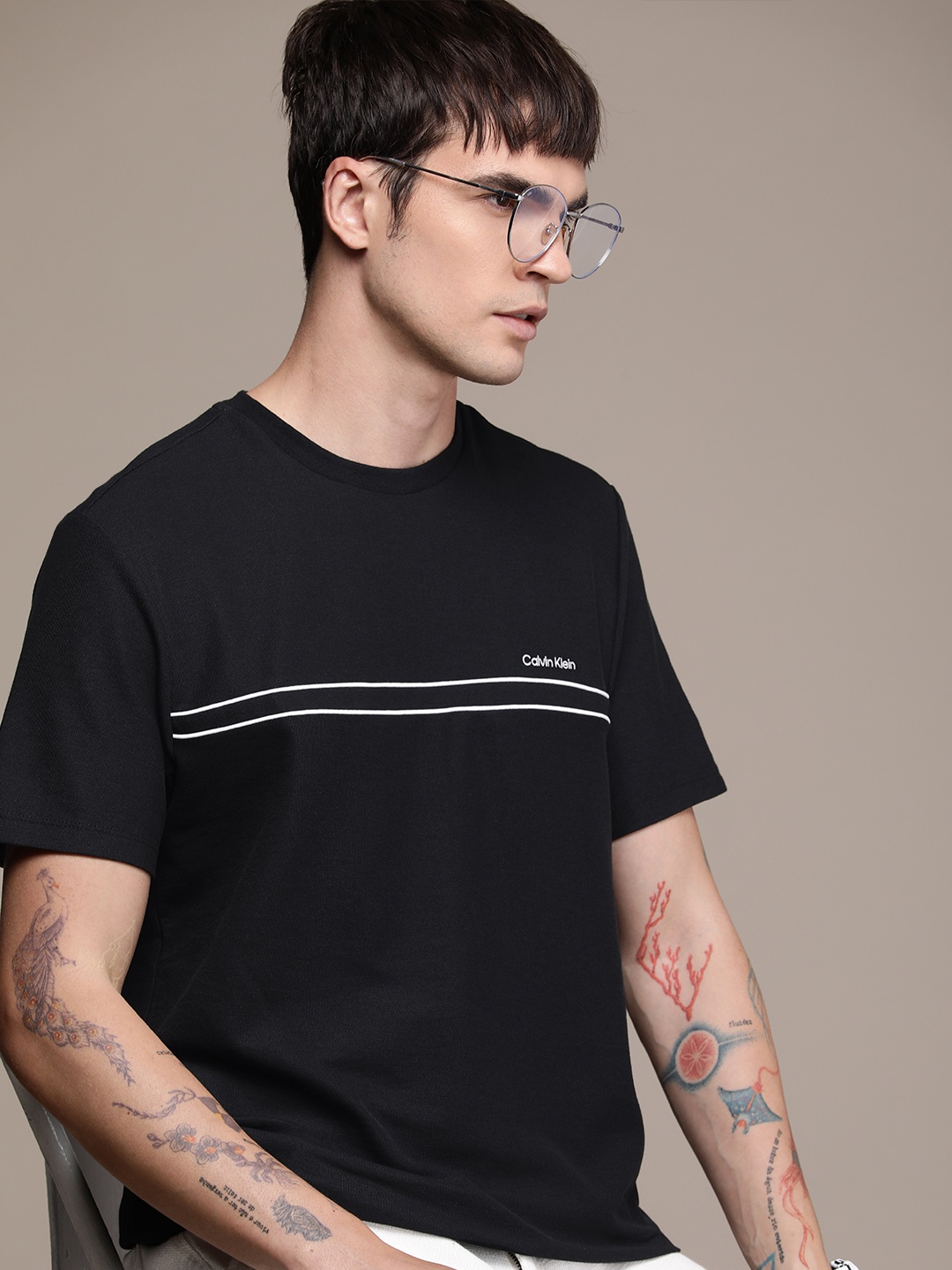 

Calvin Klein Jeans Striped Brand Logo Embroidered T-shirt, Black