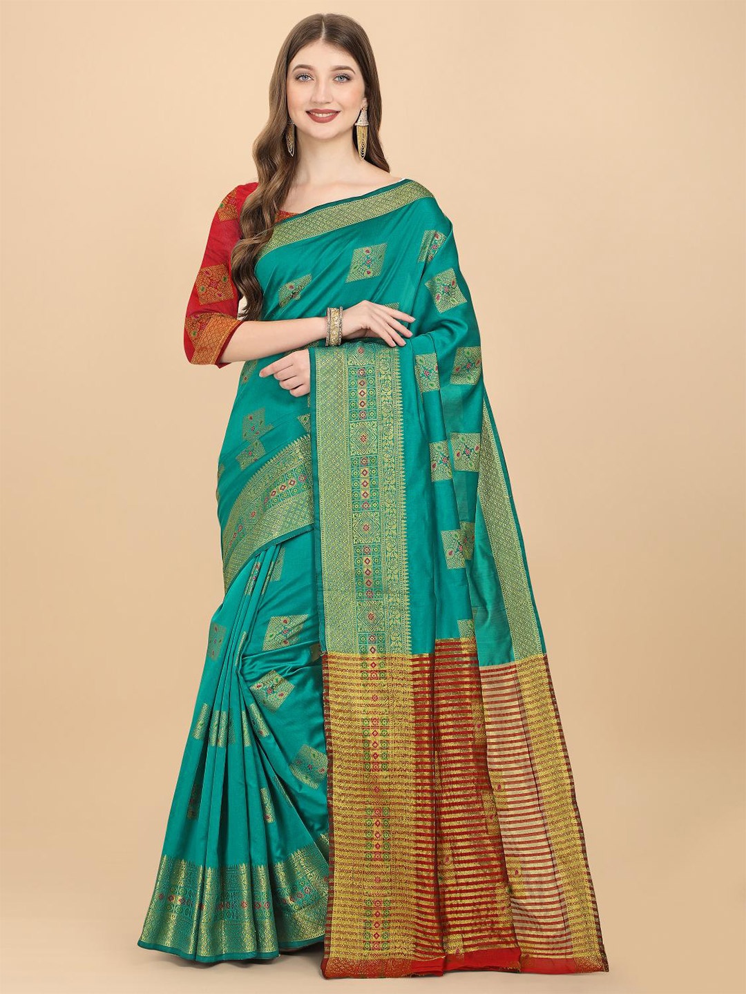 

LIMDO Teal & Red Woven Design Zari Pure Silk Banarasi Saree