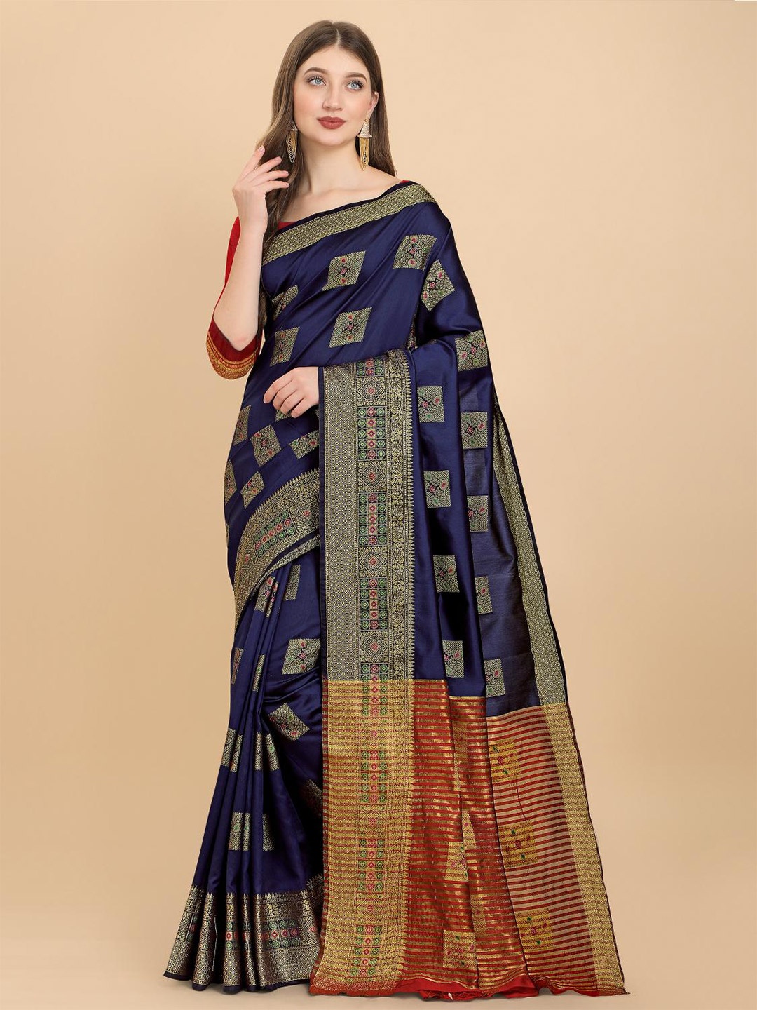 

LIMDO Navy Blue & Red Woven Design Zari Pure Silk Banarasi Saree