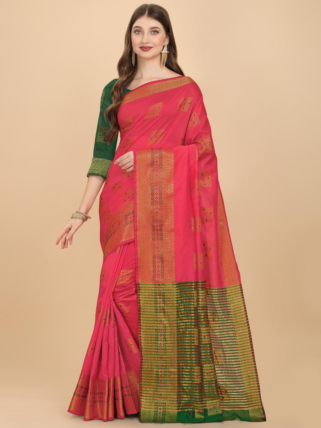 

LIMDO Ethnic Motifs Woven Design Zari Pure Silk Banarasi Saree, Peach