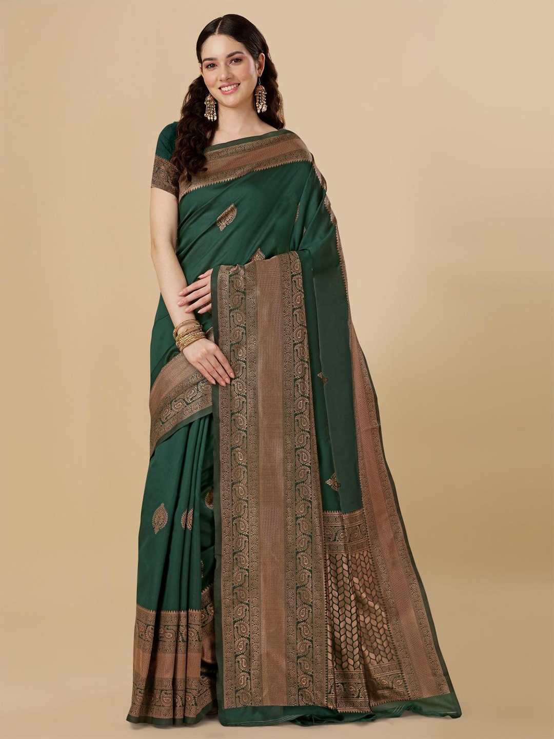 

LIMDO Ethnic Motifs Woven Design Zari Pure Silk Banarasi Saree, Green
