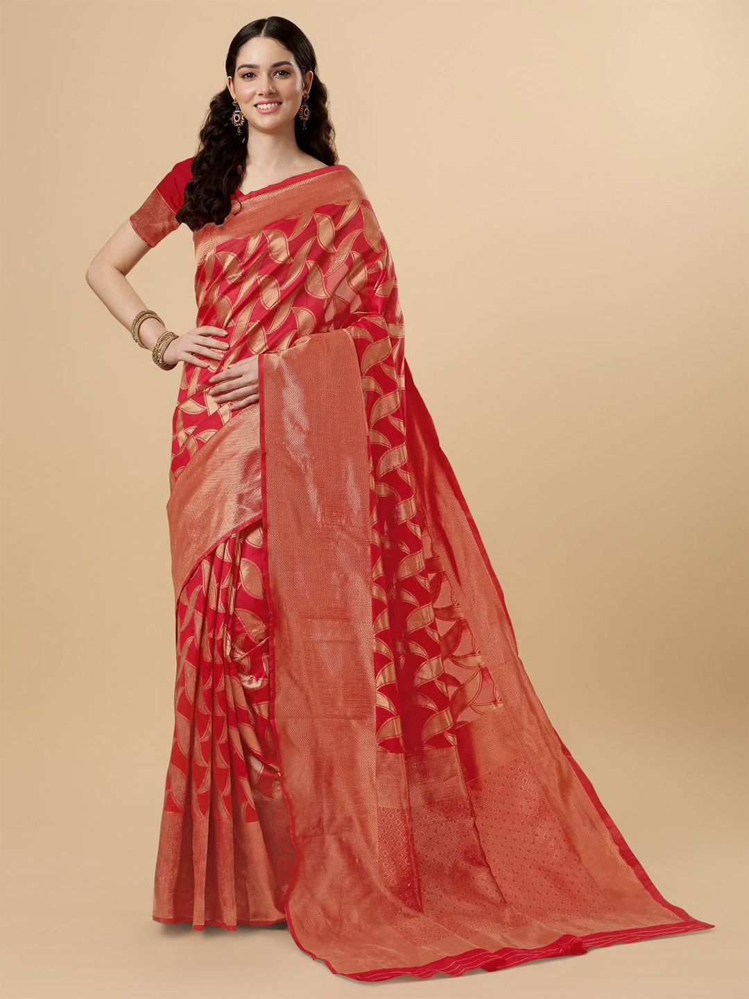 

LIMDO Floral Printed Woven Design Zari Pure Silk Banarasi Saree, Red