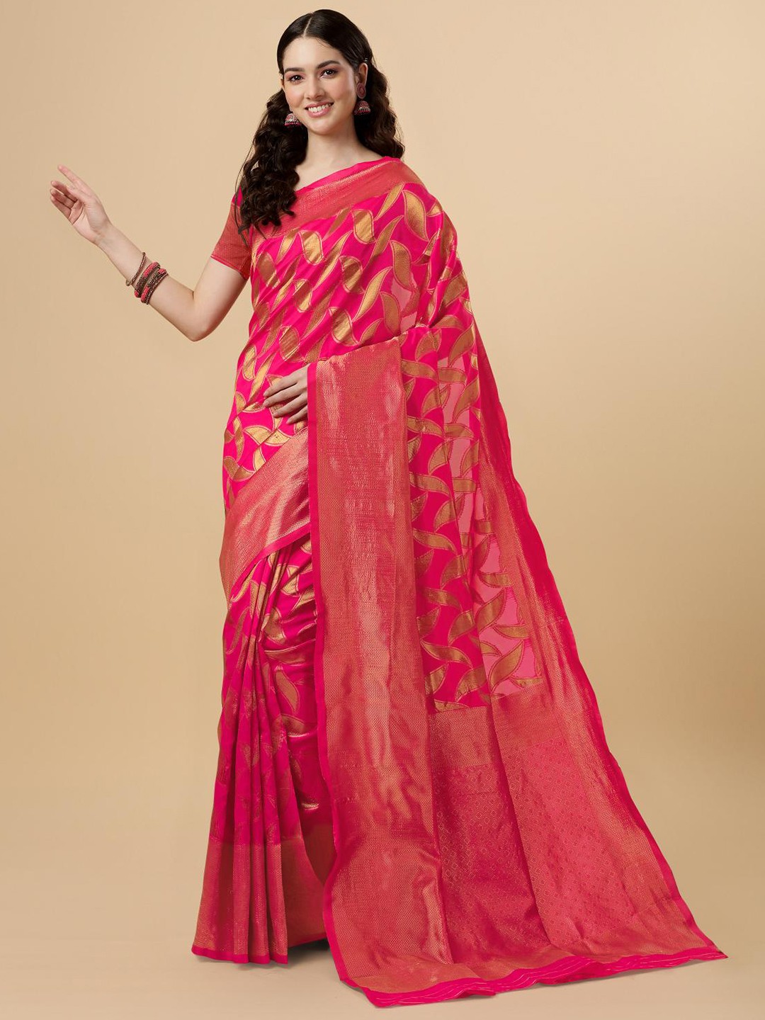 

LIMDO Pink & GoldToned Ethnic Woven Design Zari Pure Silk Banarasi Saree