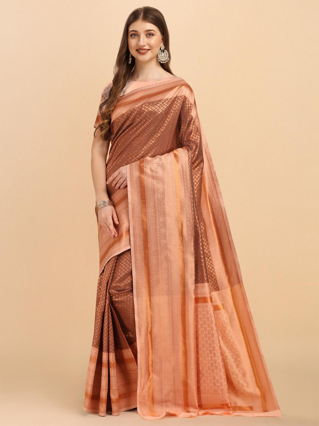 

LIMDO Brown & CopperToned Ethnic Woven Design Zari Pure Silk Banarasi Saree