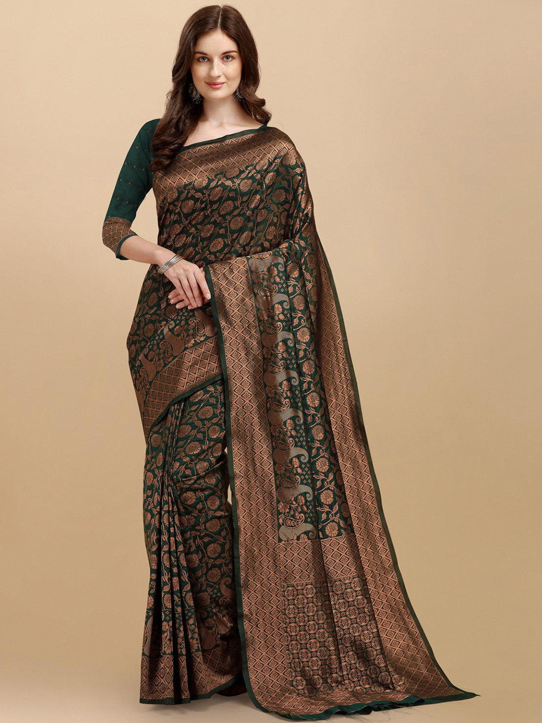 

LIMDO Ethnic Motifs Woven Design Zari Pure Silk Banarasi Saree, Green