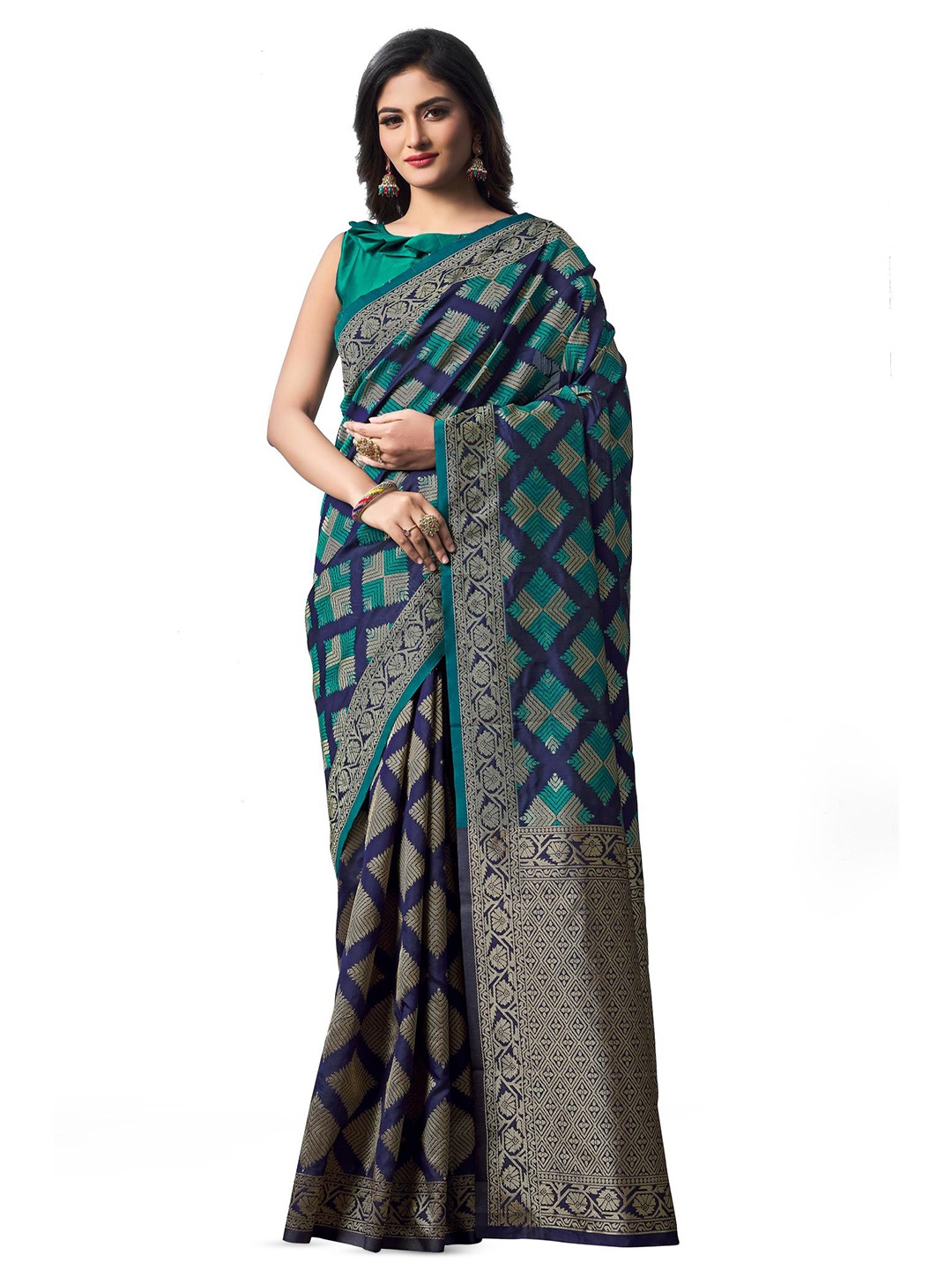 

LIMDO Navy Blue & Gold-Toned Woven Design Zari Pure Silk Banarasi Saree