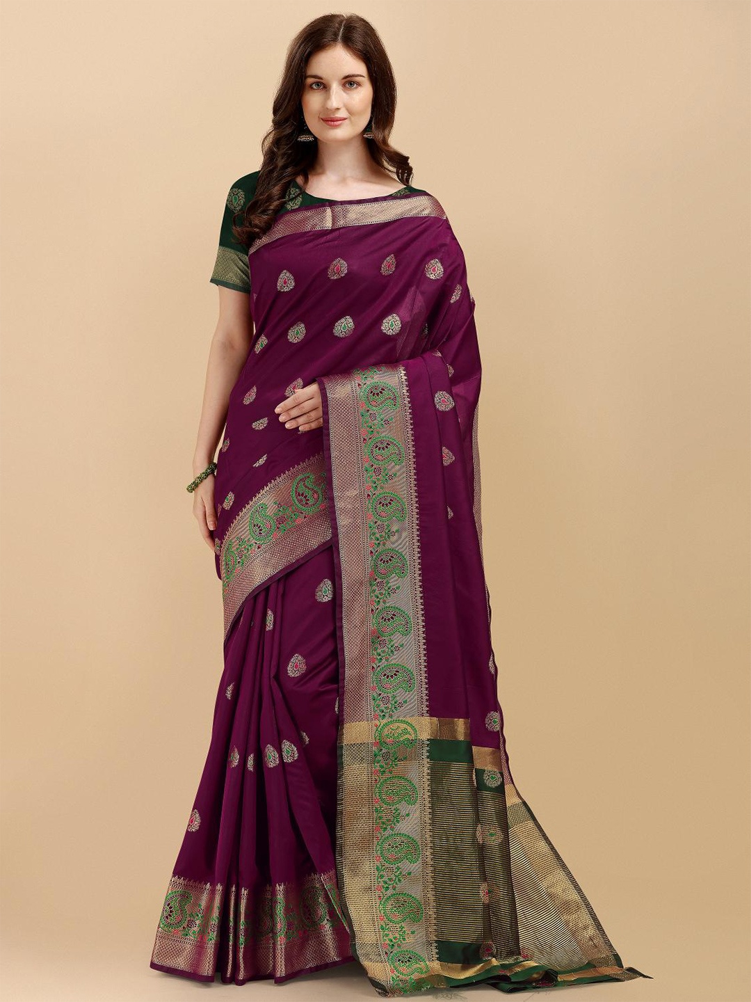 

LIMDO Ethnic Motifs Woven Design Zari Pure Silk Banarasi Saree, Purple