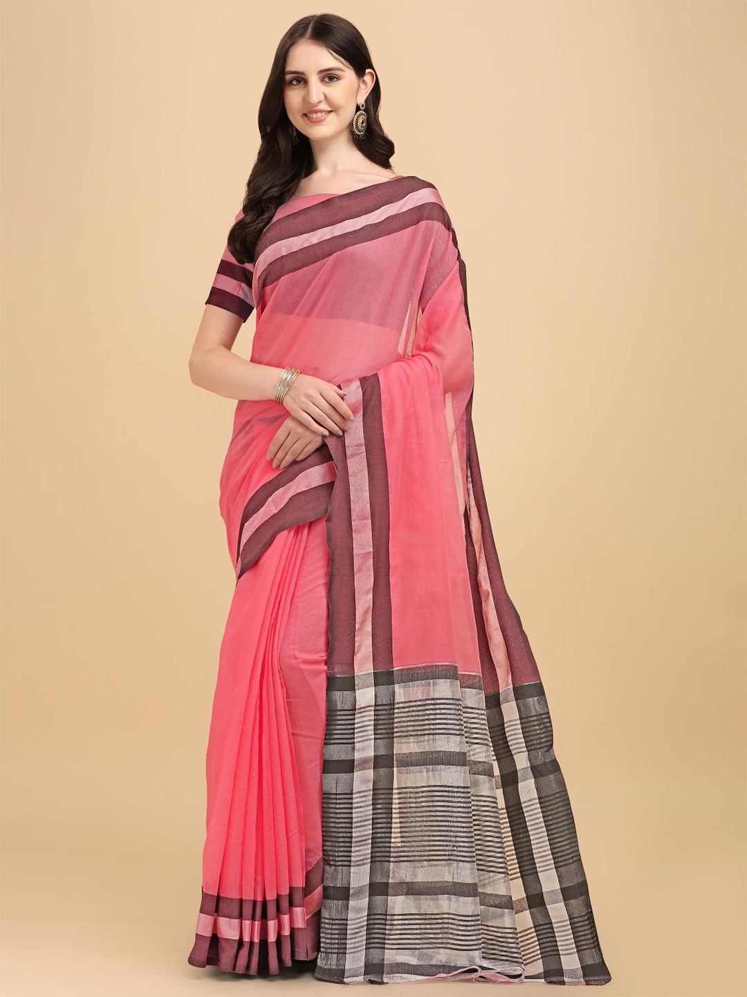 

LIMDO Peach Coloured & Brown Pure Silk Saree