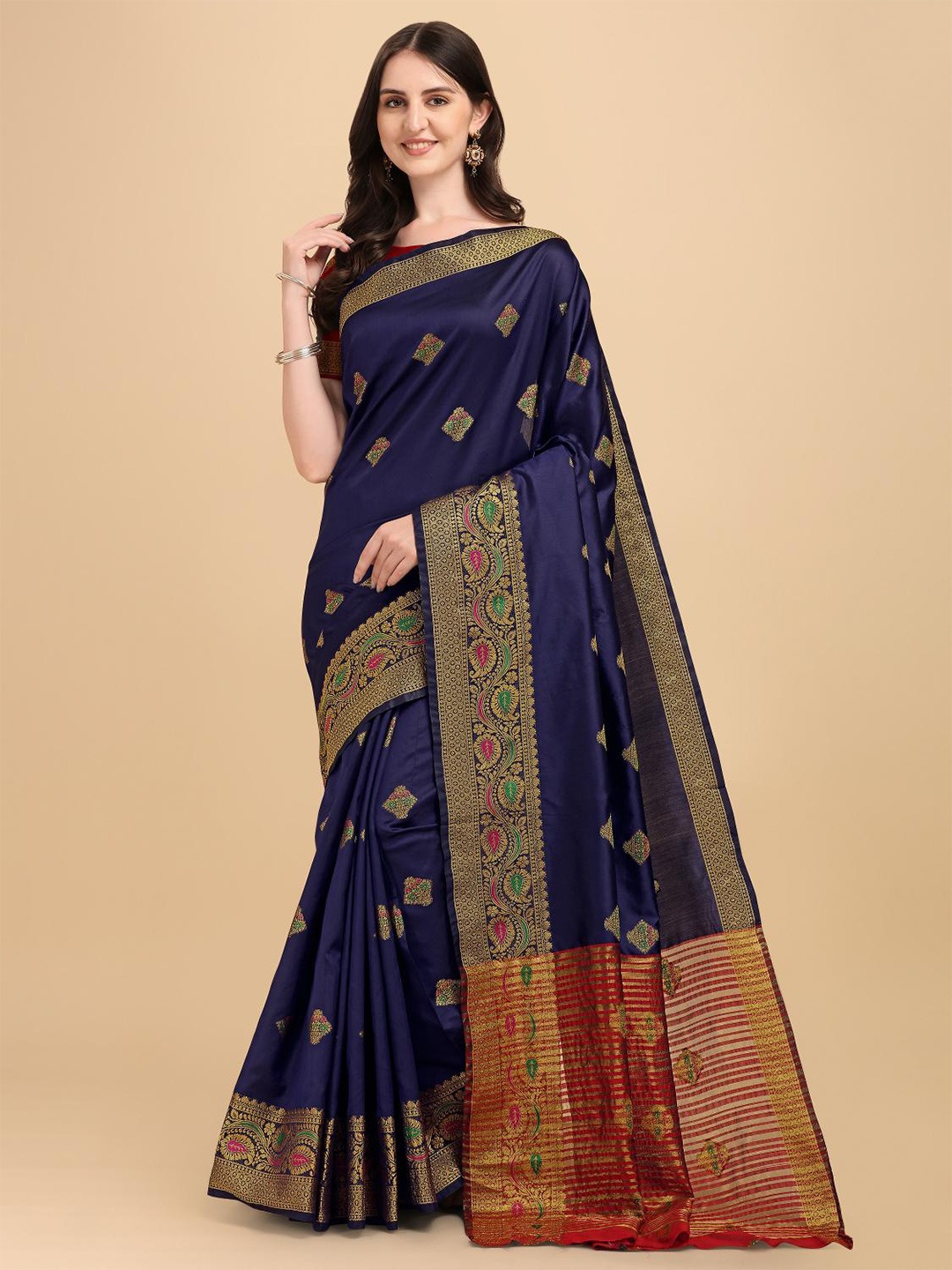 

LIMDO Ethnic Motifs Woven Design Zari Pure Silk Banarasi Saree, Navy blue