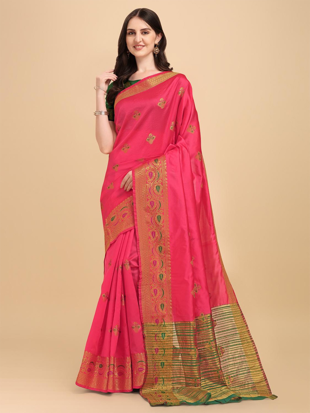 

LIMDO Peach & Green Woven Design Zari Pure Silk Banarasi Saree