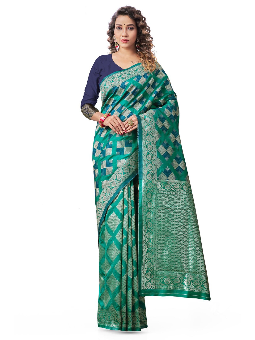 

LIMDO Ethnic Motifs Woven Design Zari Pure Silk Banarasi Saree, Teal