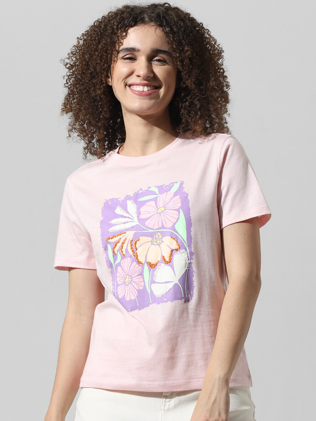 

ONLY Graphic Printed Round Neck Pure Cotton T-shirt, Pink