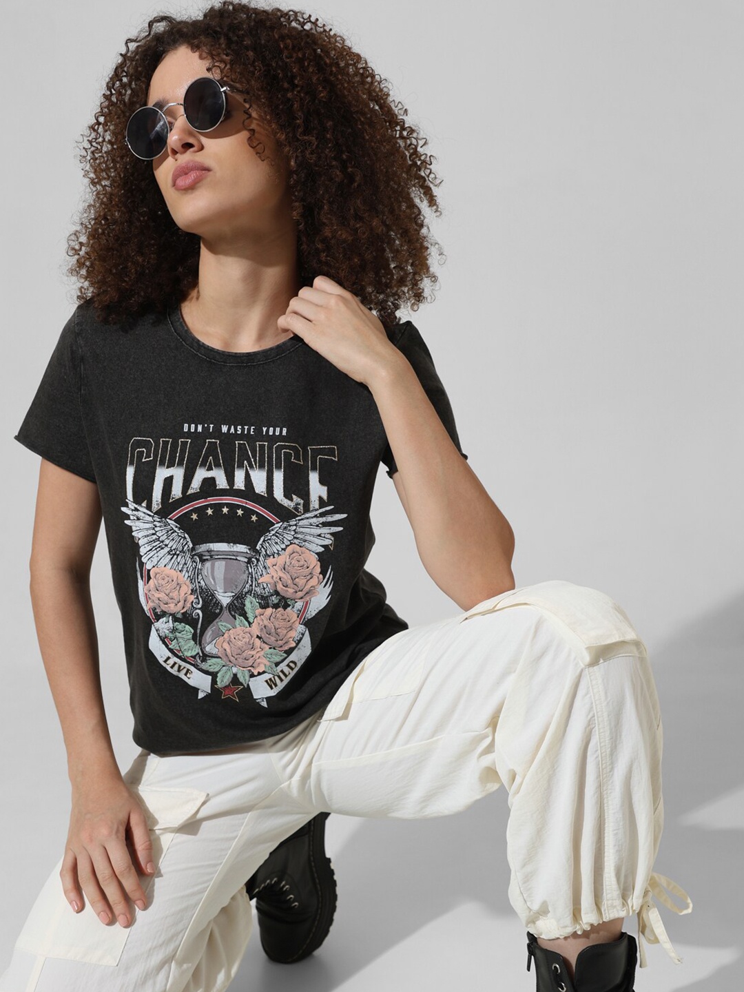 ONLY Typography Printed Round Neck Pure Cotton T-shirt, Black