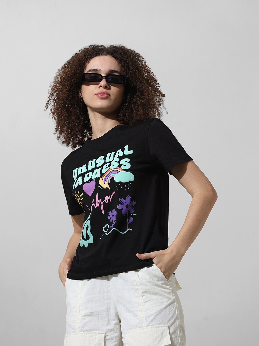 ONLY Typography Printed Round Neck Pure Cotton T-shirt, Black