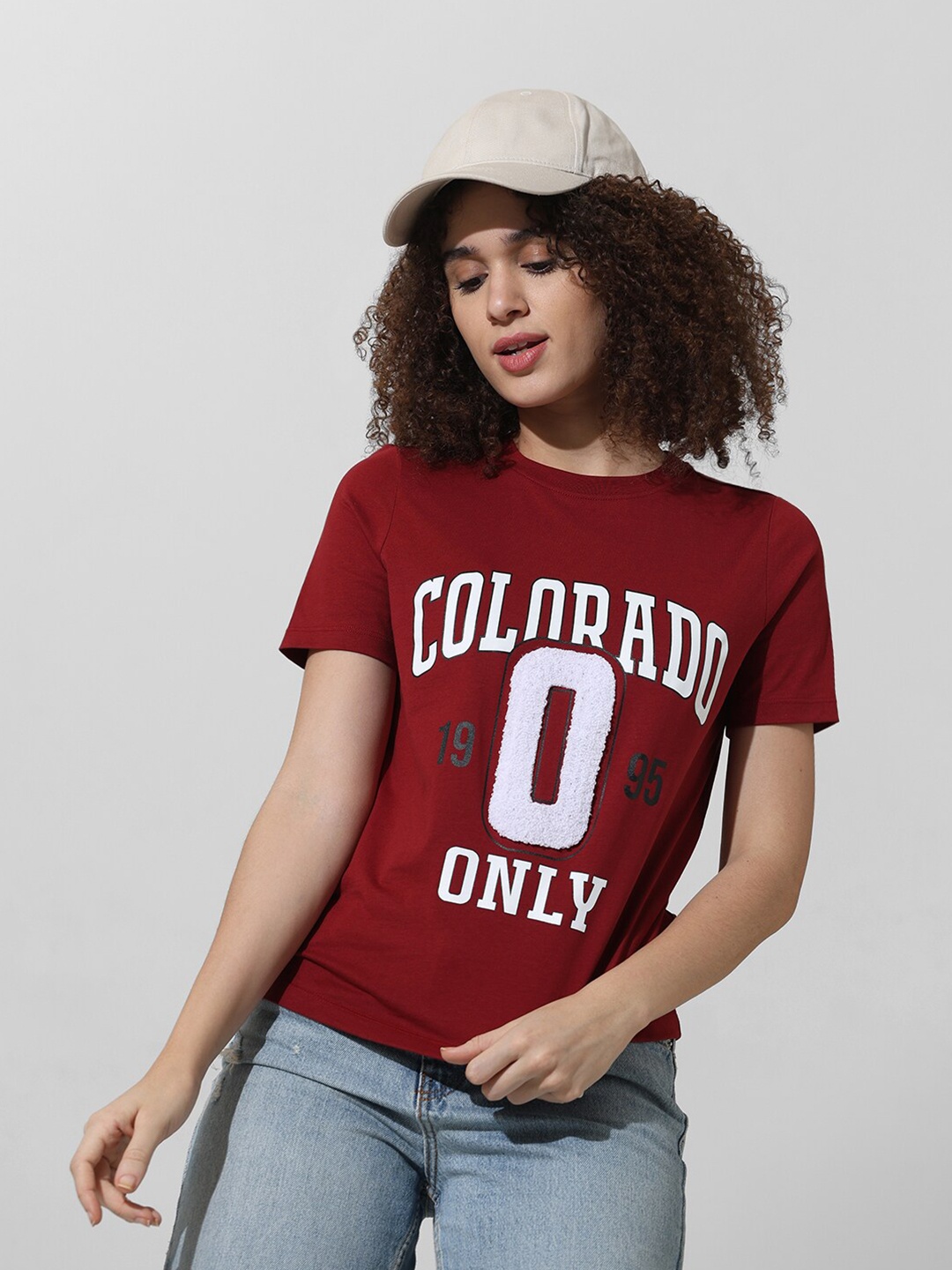 

ONLY Varsity Printed Round Neck Pure Cotton T-shirt, Maroon