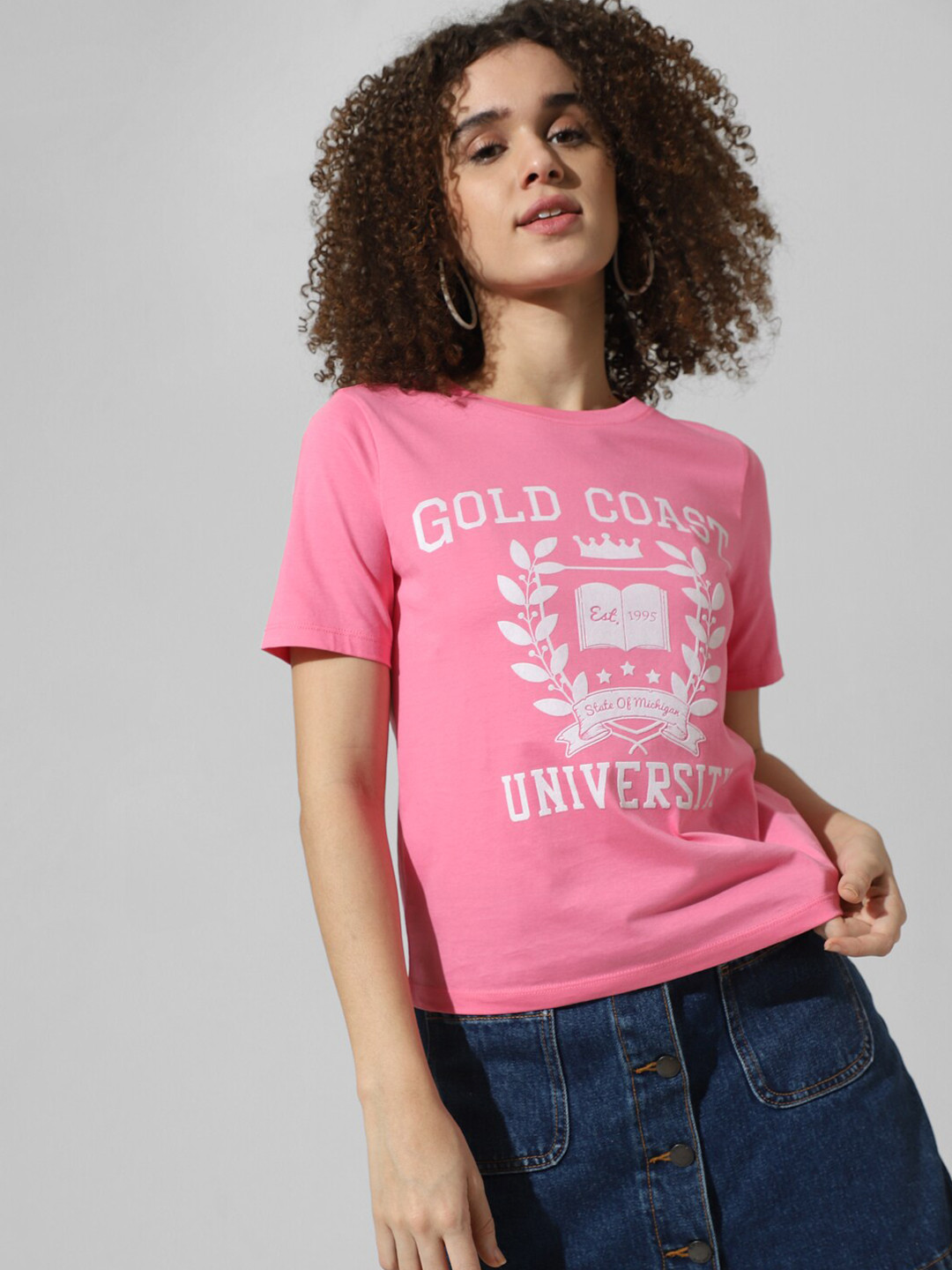 

ONLY Typography Printed Round Neck Pure Cotton T-shirt, Pink