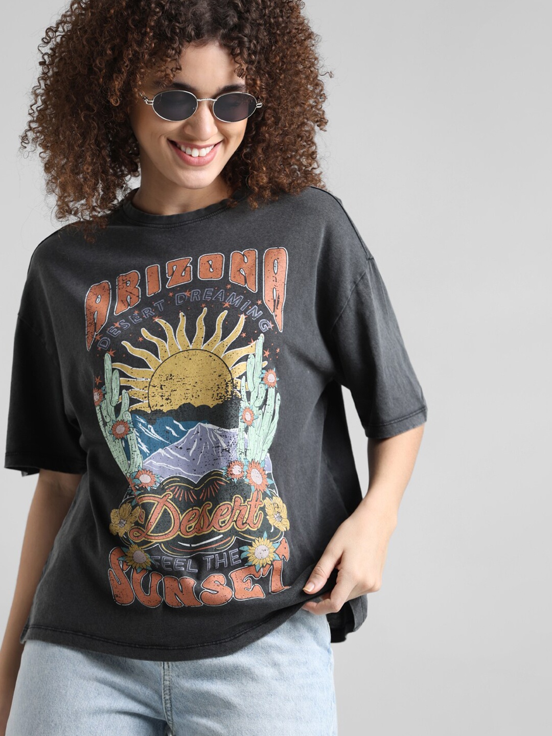 

ONLY Typography Printed Round Neck Oversized Pure Cotton T-shirt, Black