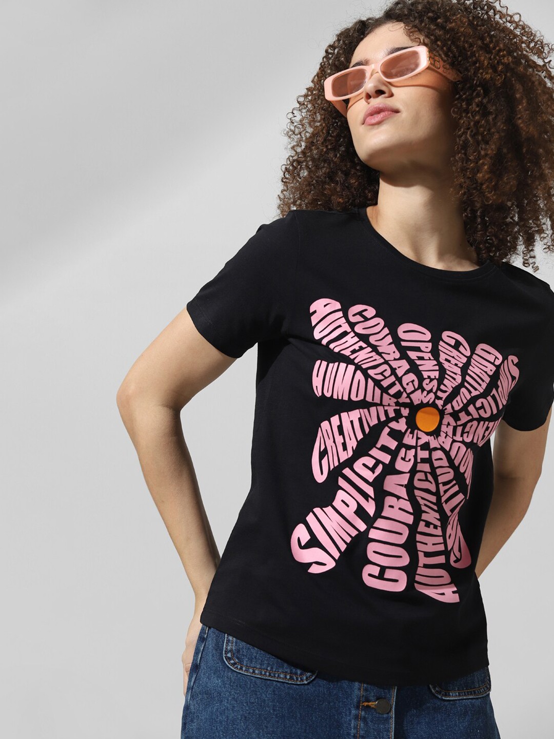 

ONLY Graphic Printed Round Neck Pure Cotton T-shirt, Black