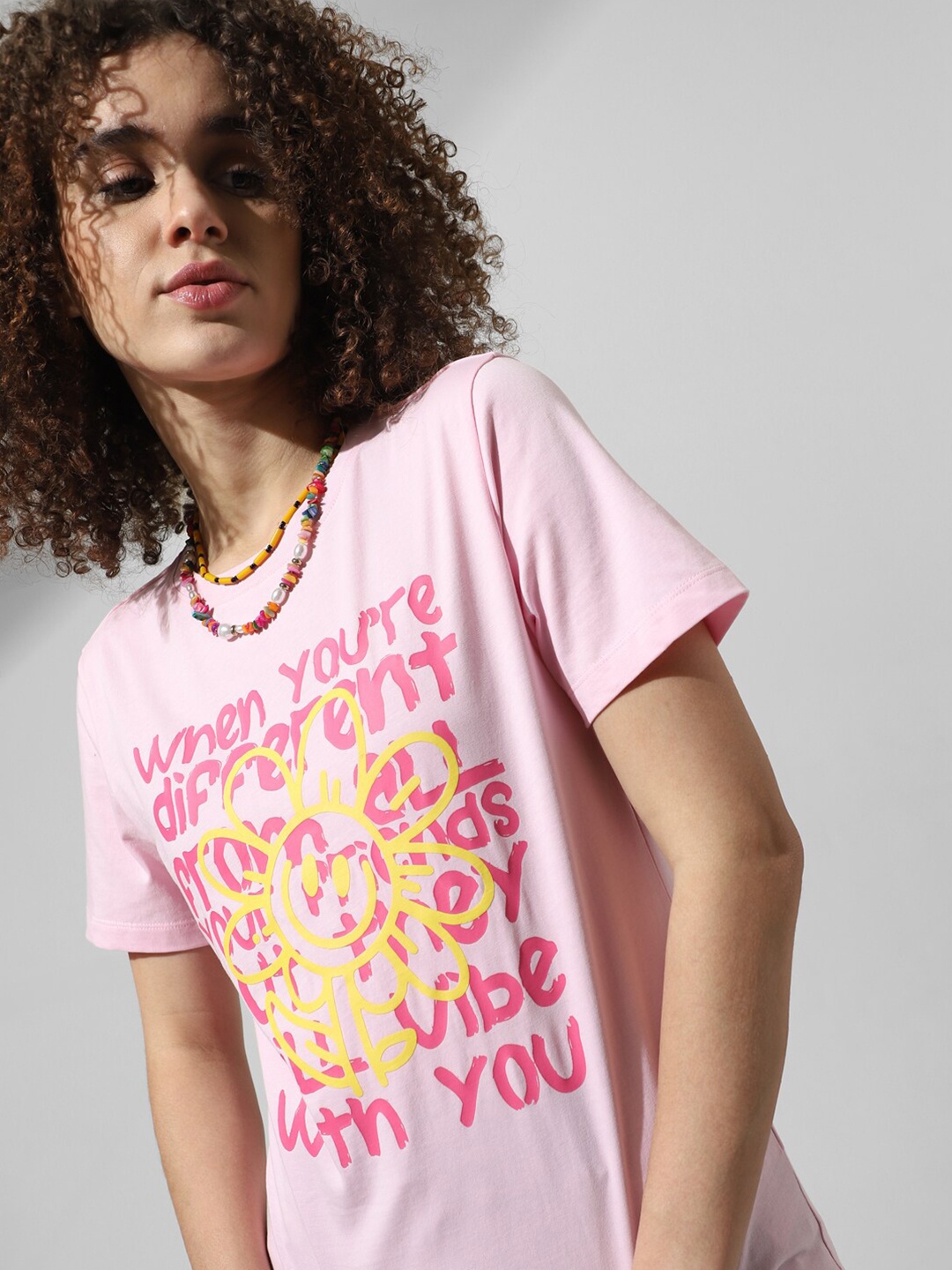 

ONLY Typography Printed Round Neck Pure Cotton T-shirt, Pink