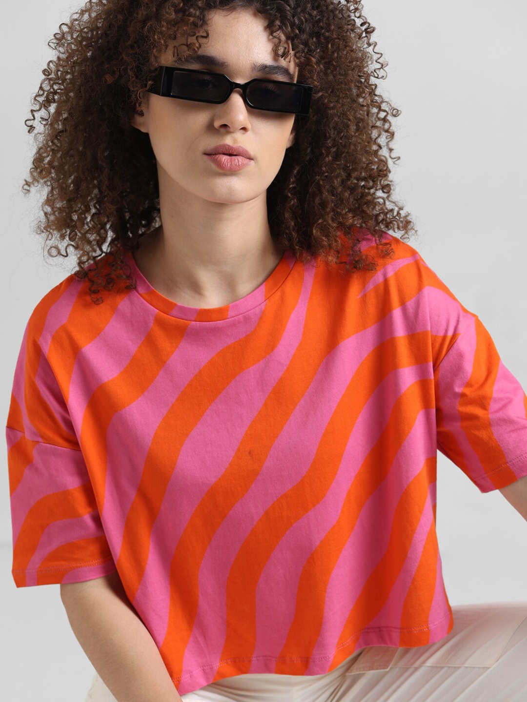 

ONLY Striped Drop-Shoulder Sleeves Boxy Pure Cotton T-shirt, Pink