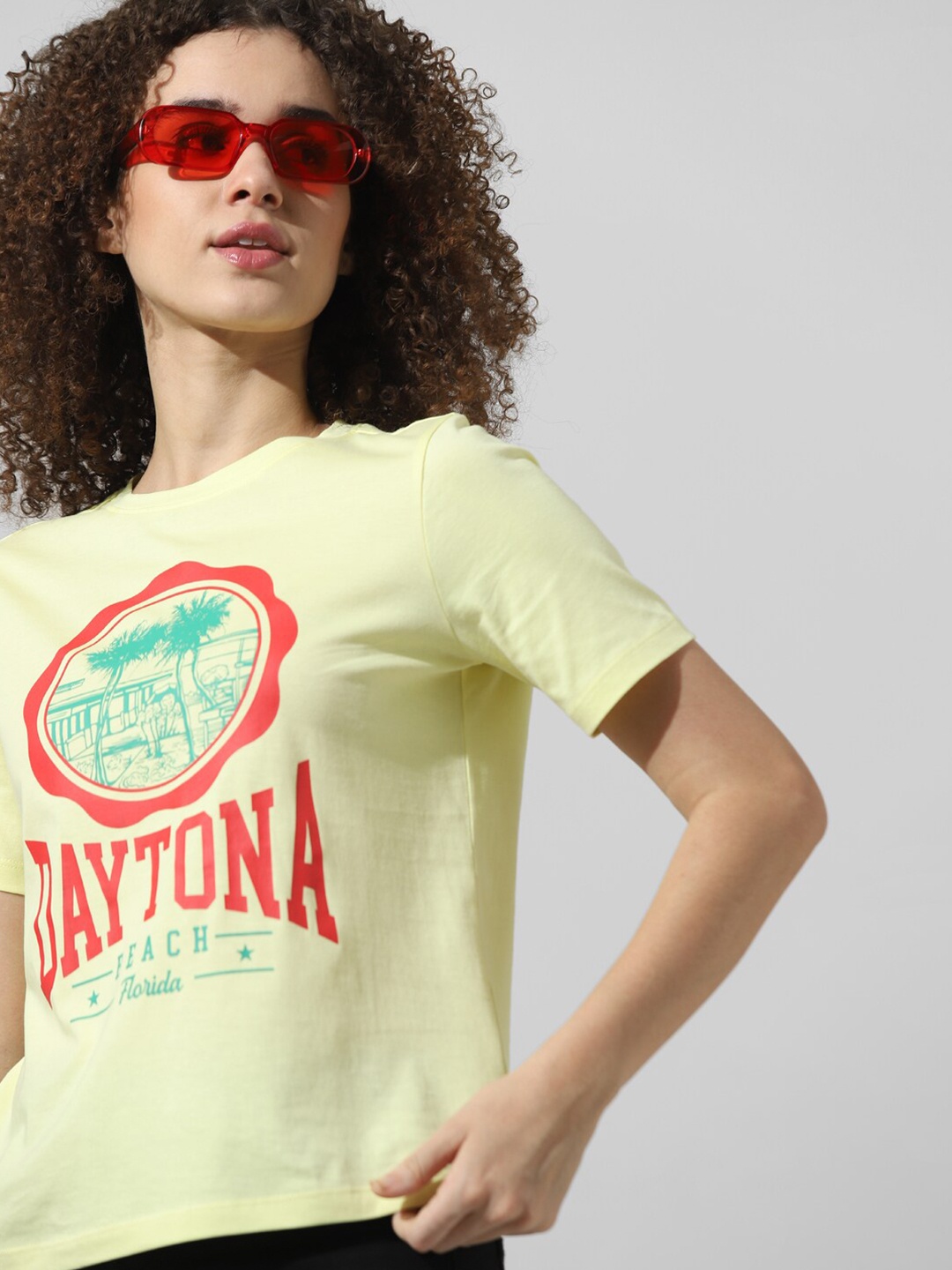 

ONLY Typography Printed Round Neck Pure Cotton T-shirt, Yellow