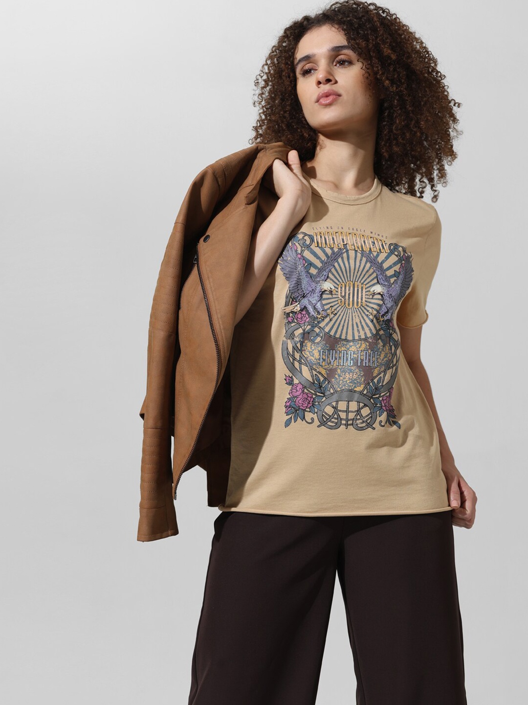 

ONLY Graphic Printed Round Neck Pure Cotton T-shirt, Beige