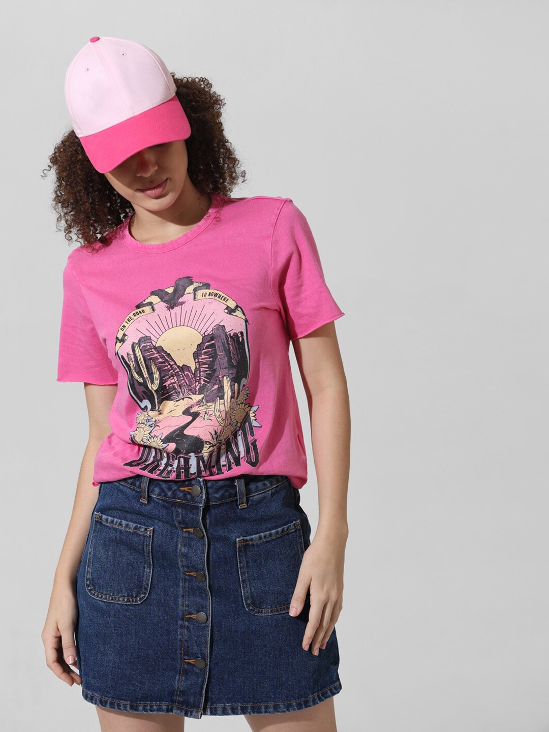 

ONLY Graphic Printed Round Neck Pure Cotton T-shirt, Pink