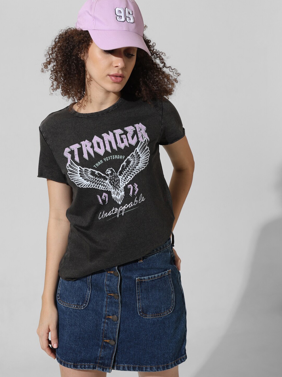 

ONLY Typography Printed Round Neck Pure Cotton T-shirt, Black