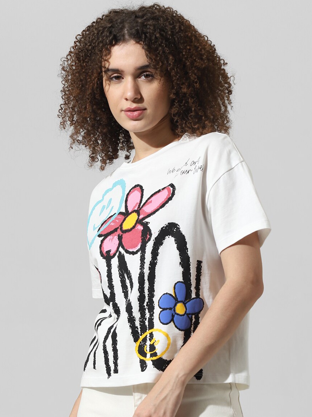

ONLY Floral Printed Round Neck Pure Cotton Boxy T-shirt, White