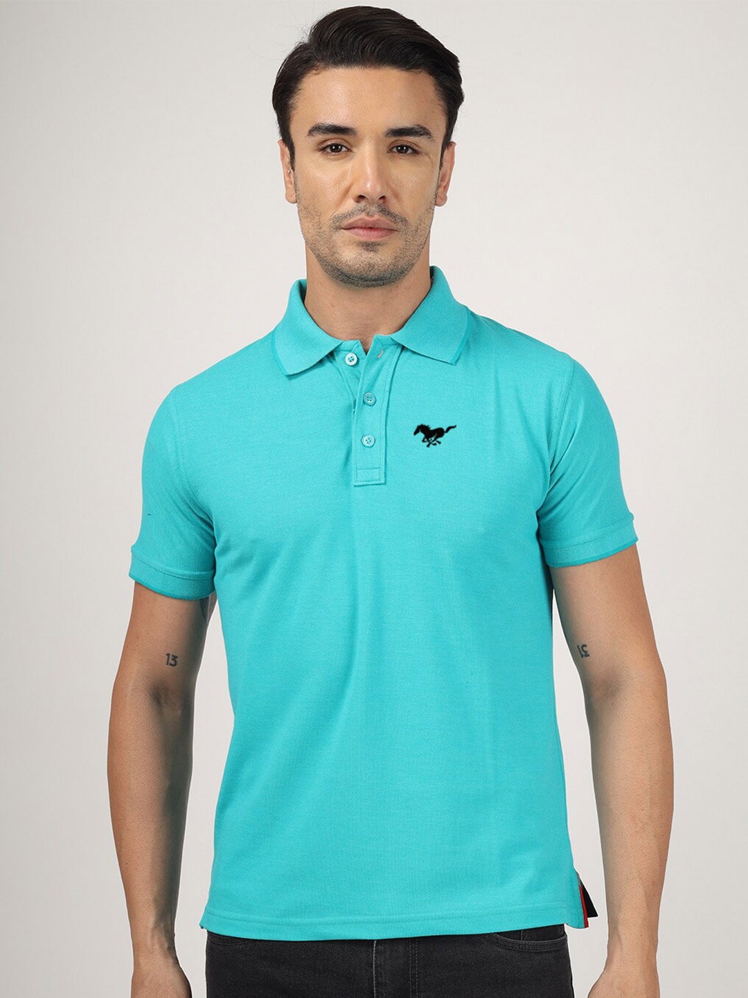 

Greylongg Men Polo Collar Applique T-shirt, Blue