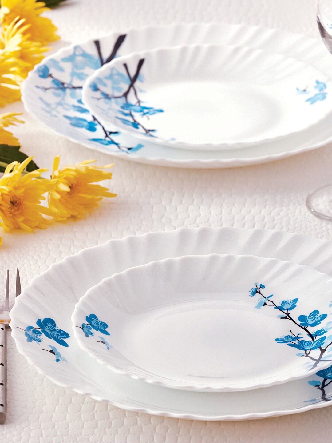

Larah by BOROSIL White & Blue 12 Pieces Printed Opalware Glossy Dinner Set