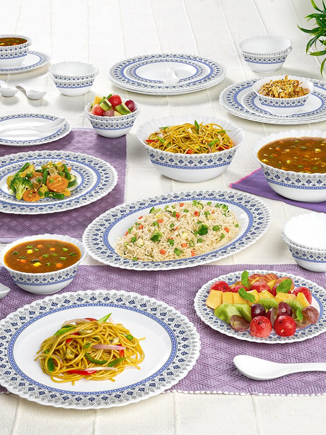 

Larah by BOROSIL White & Blue 33 Pieces Printed Opalware Glossy Dinner Set