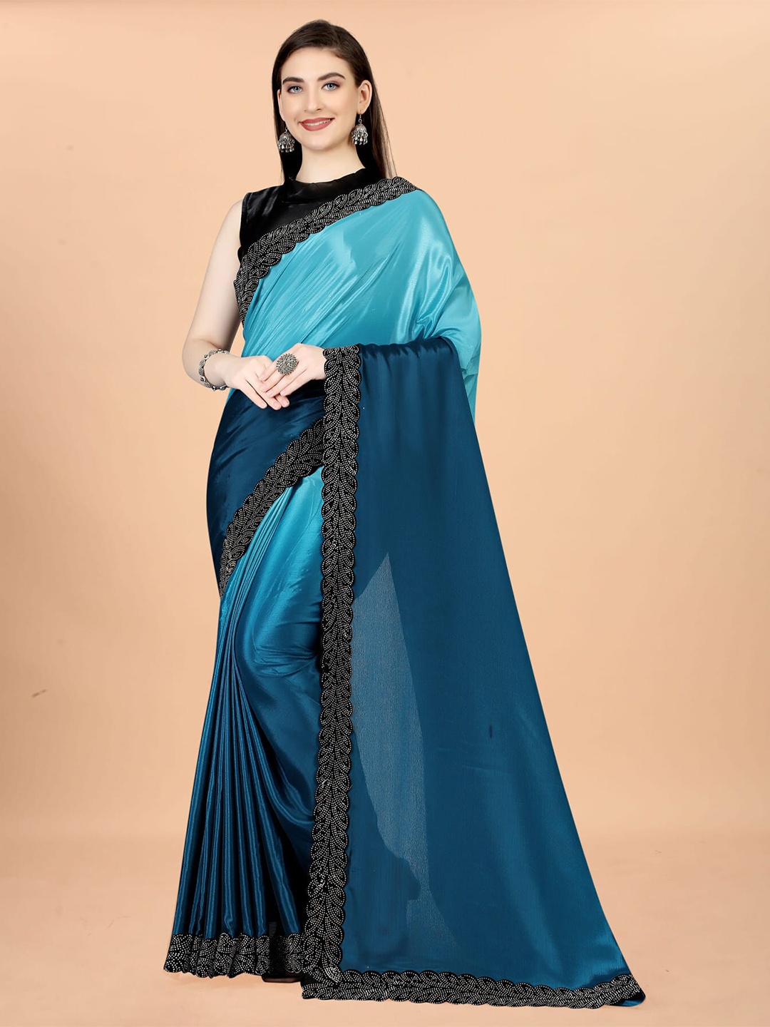 

KALINI Embellished Ombre Silk Cotton Saree, Blue