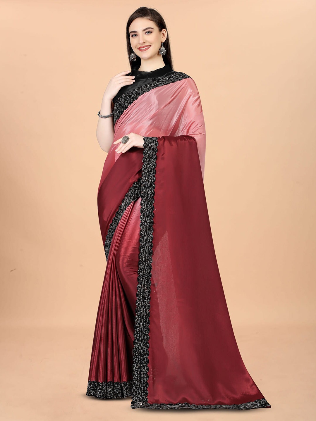 

KALINI Embellished Ombre Silk Cotton Saree, Red