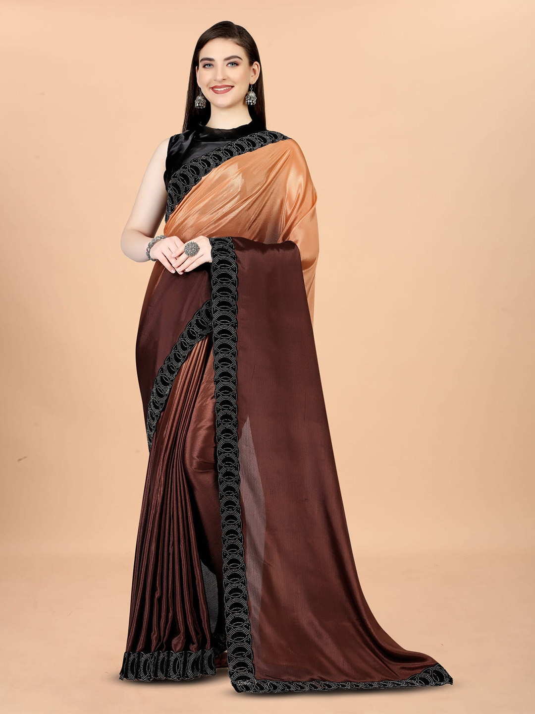 

KALINI Embellished Ombre Silk Cotton Saree, Brown