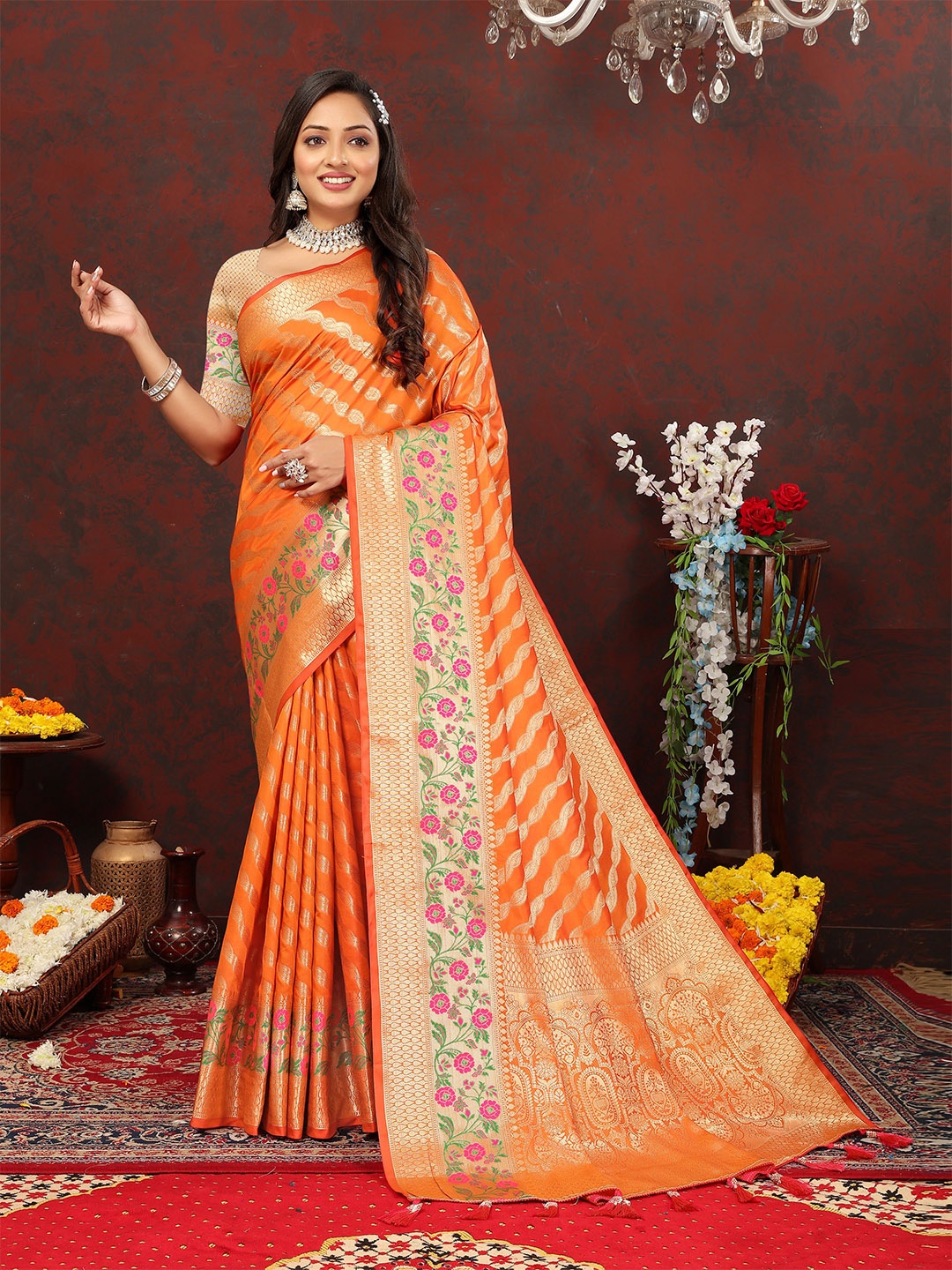 

NIWAA Ethnic Motifs Woven Design Zari Silk Cotton Saree, Orange