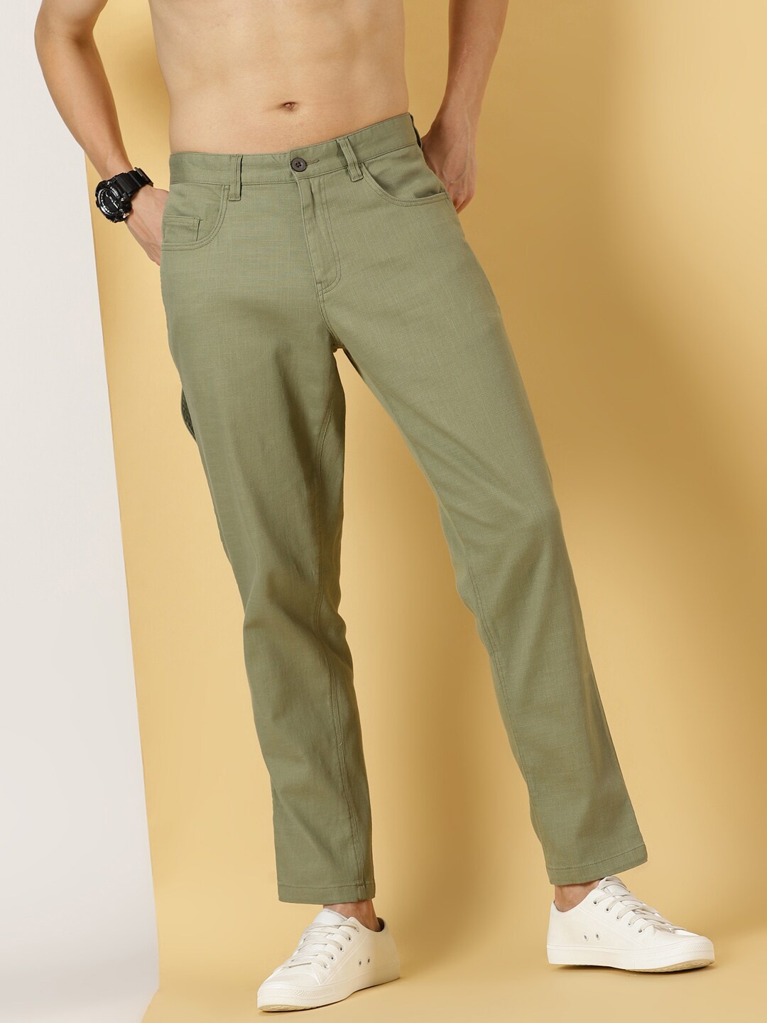 

Thomas Scott Men Urban Easy Wash Linen Cotton Chinos Trouser, Olive