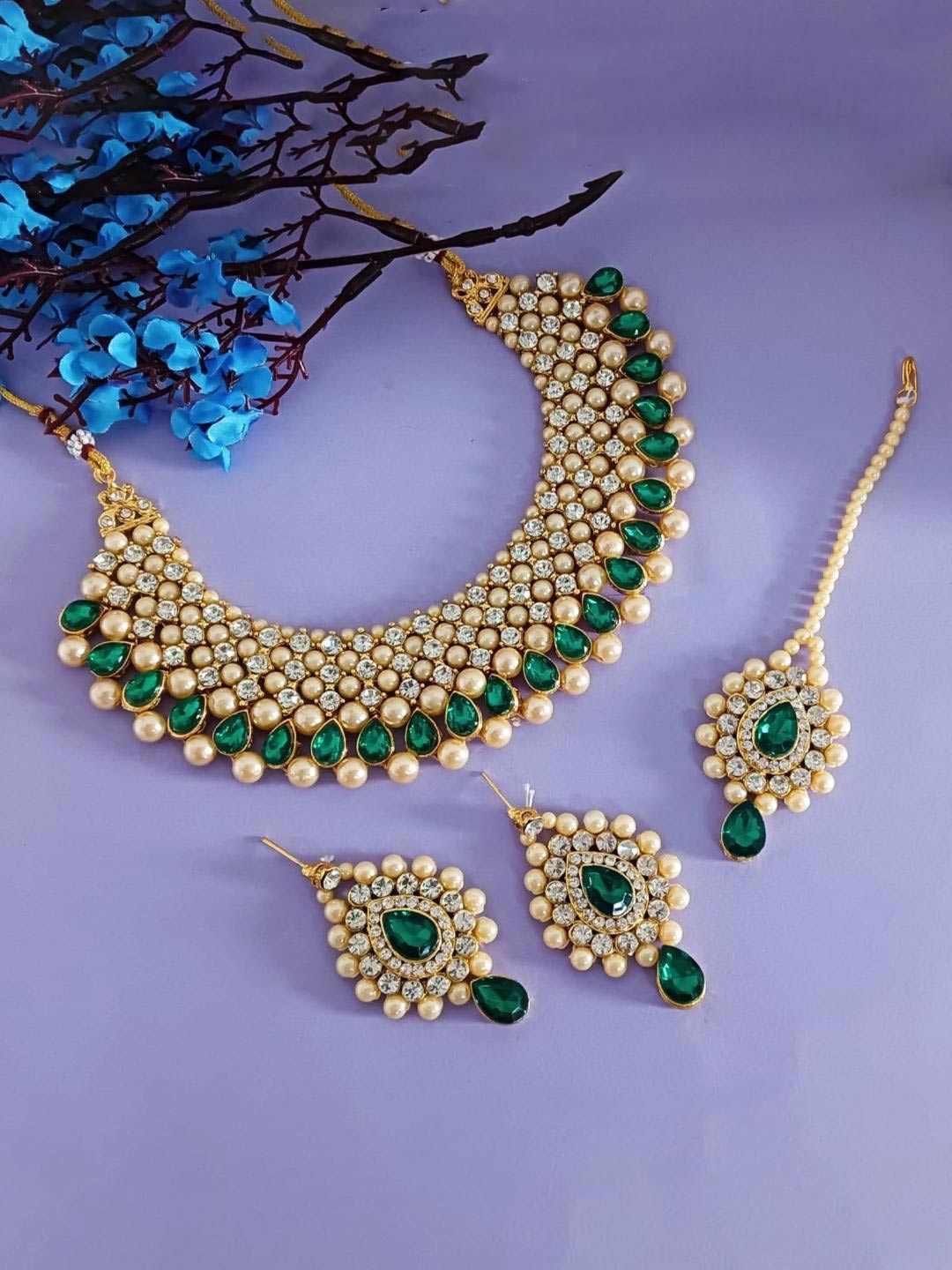 

Efulgenz Gold-Plated Crystals Studded & Faux Pearls Beaded Statement Jewellery Set