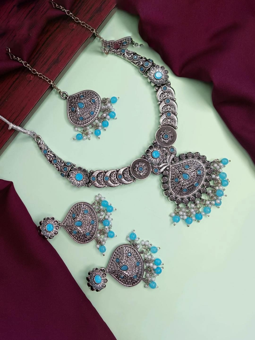 

Efulgenz Rhodium-Plated Oxidised Jewellery Set, Turquoise blue