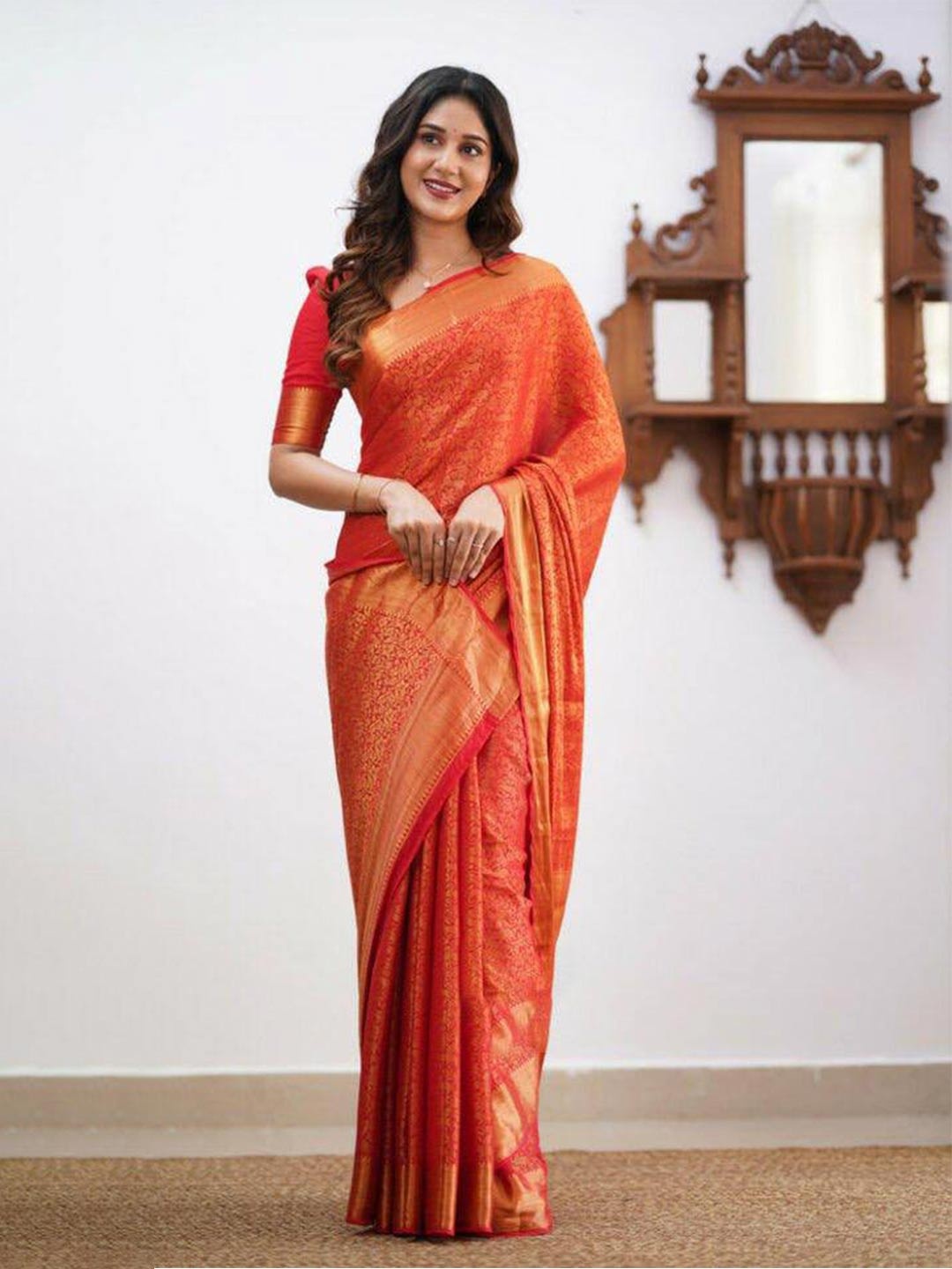 

FABIAN FASHION Ethnic Motifs Woven Design Zari Silk Cotton Kanjeevaram Saree, Red