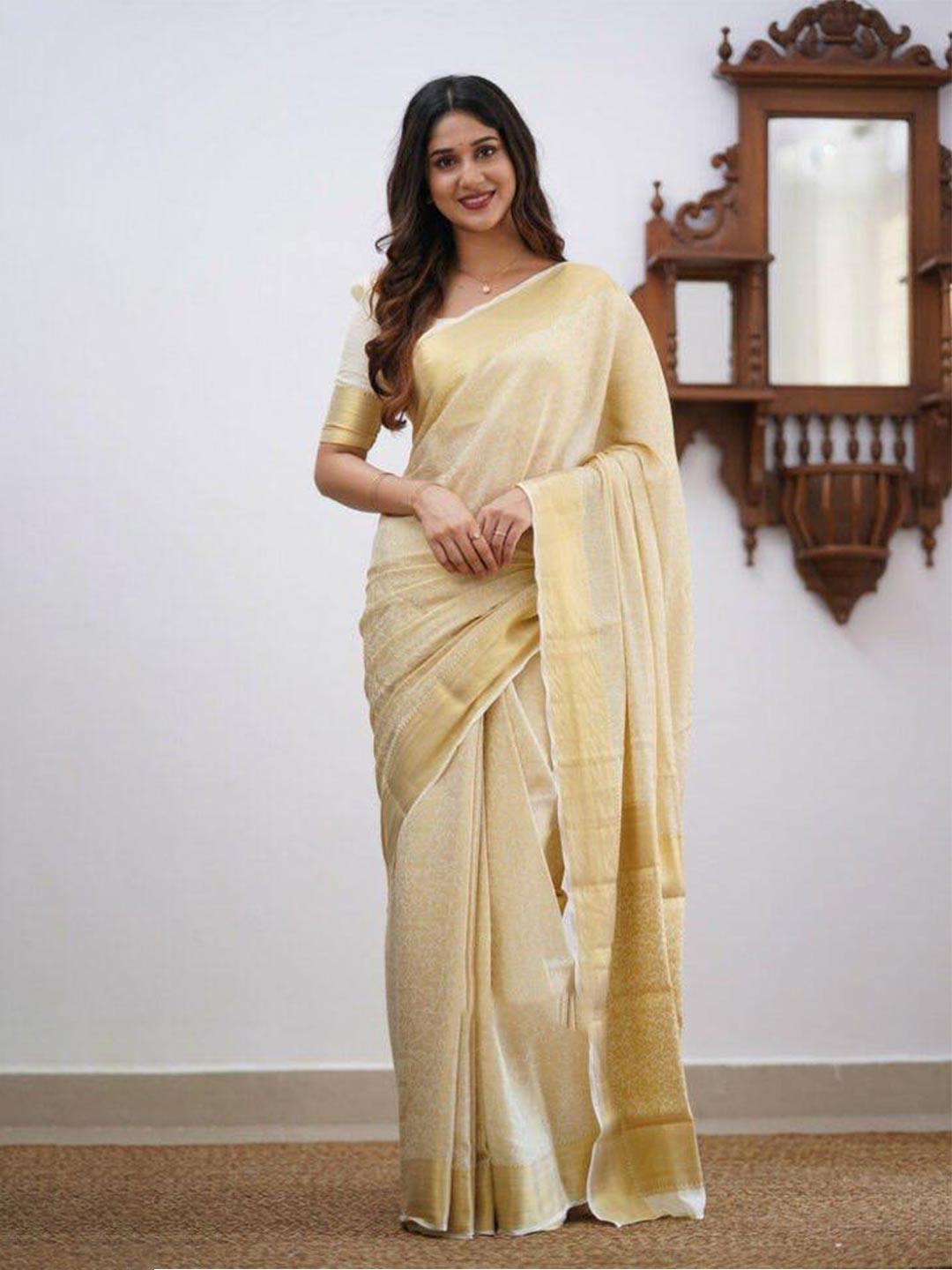 

FABIAN FASHION Ethnic Motifs Design Zari Silk Cotton Kanjeevaram Saree, Off white