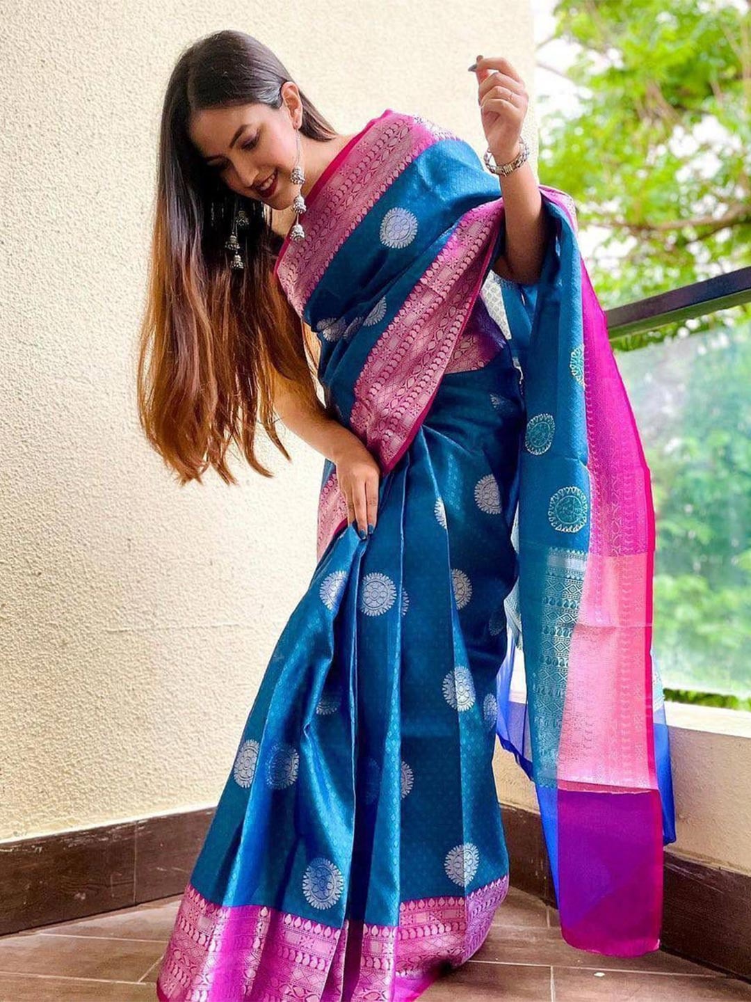 

FABIAN FASHION Ethnic Woven Design Cotton Banarasi Zari Saree, Blue