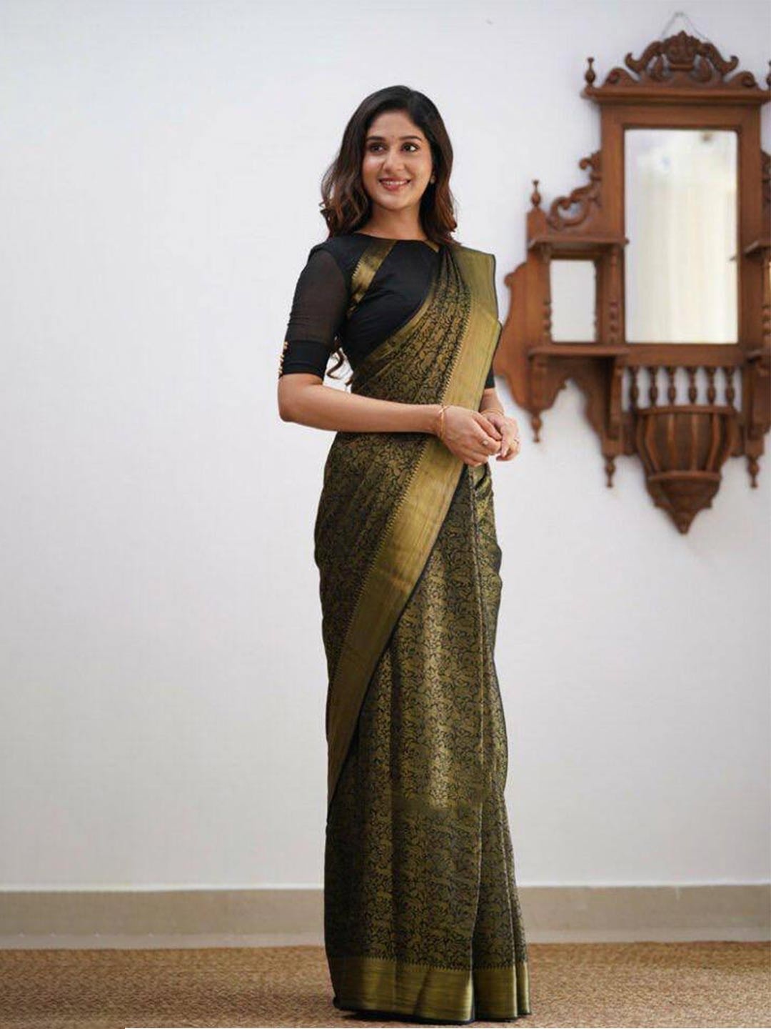 

FABIAN FASHION Ethnic Motif Woven Design Silk Cotton Kanjeevaram Zari Saree, Black