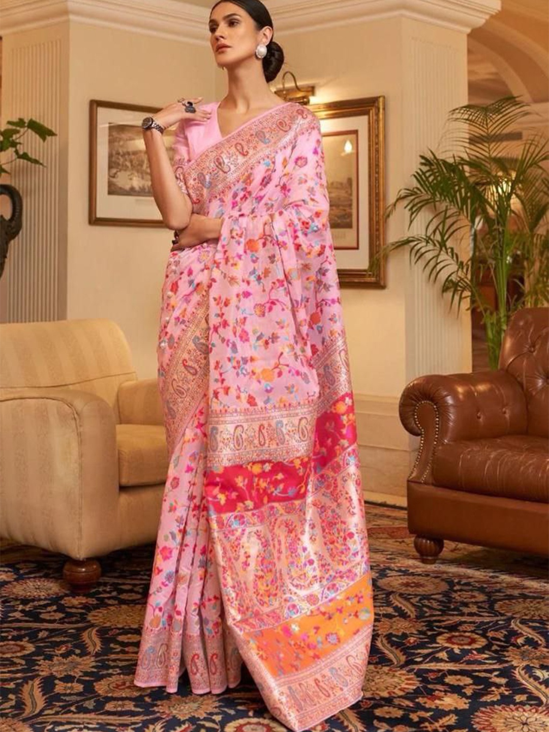 

FABIAN FASHION Pink & Red Ethnic Woven Design Zari Silk Cotton Kanjeevaram Saree