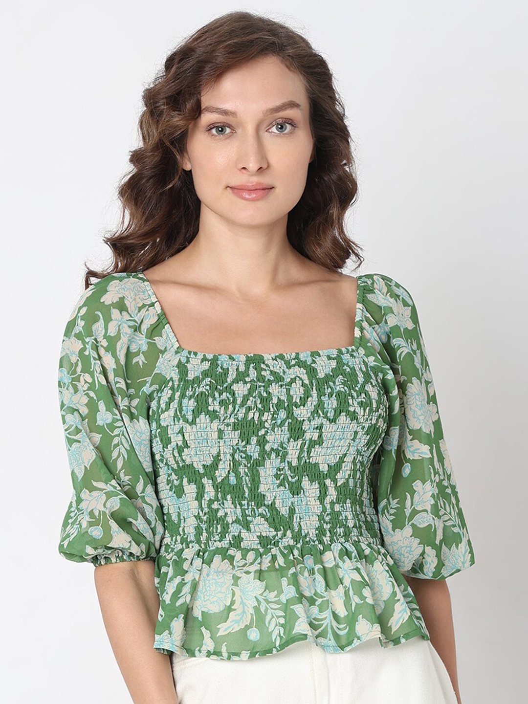 

Vero Moda Floral Printed Puff Sleeve Cinched Waist Crop Top, Green