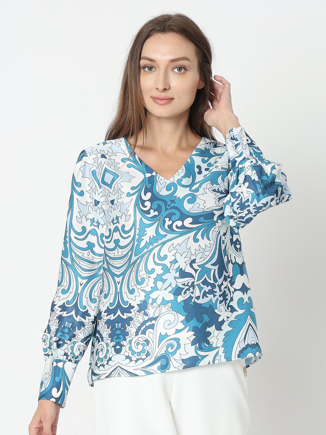

Vero Moda Printed V Neck Long Sleeves Regular Top, Blue